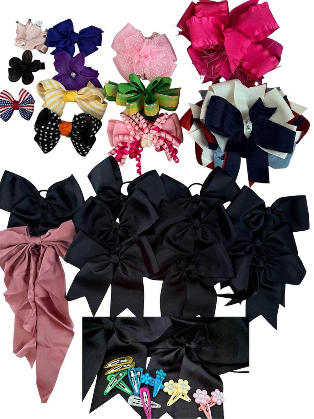 Assorted Kids Hair Bows and Clips - Black, Pink, Navy, Green & More